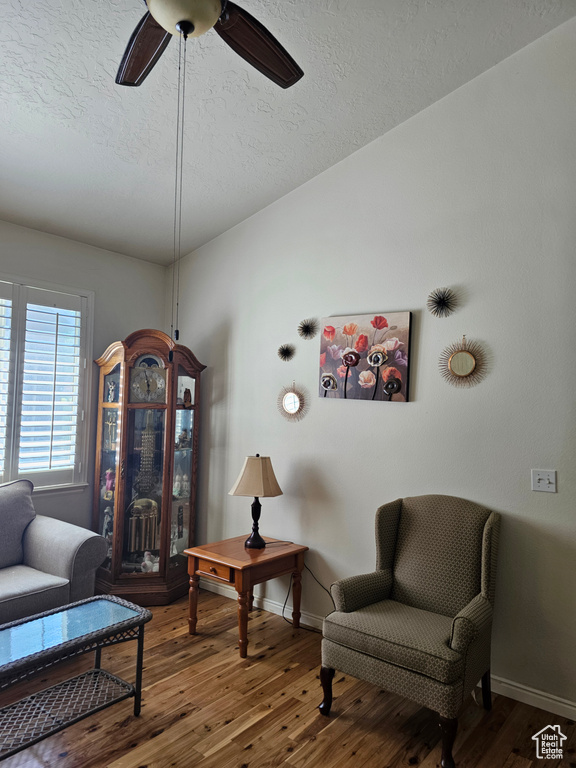 Living area featuring a textured ceiling, a ceiling fan, and wood finished floors