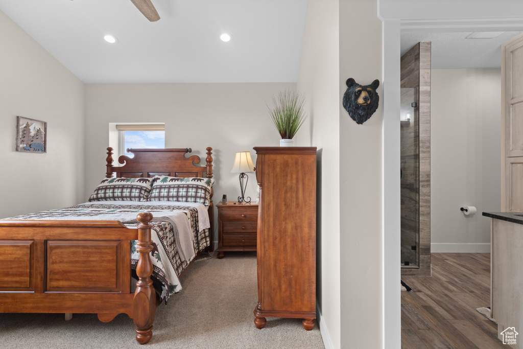 Bedroom with recessed lighting, baseboards, a ceiling fan, and wood finished floors