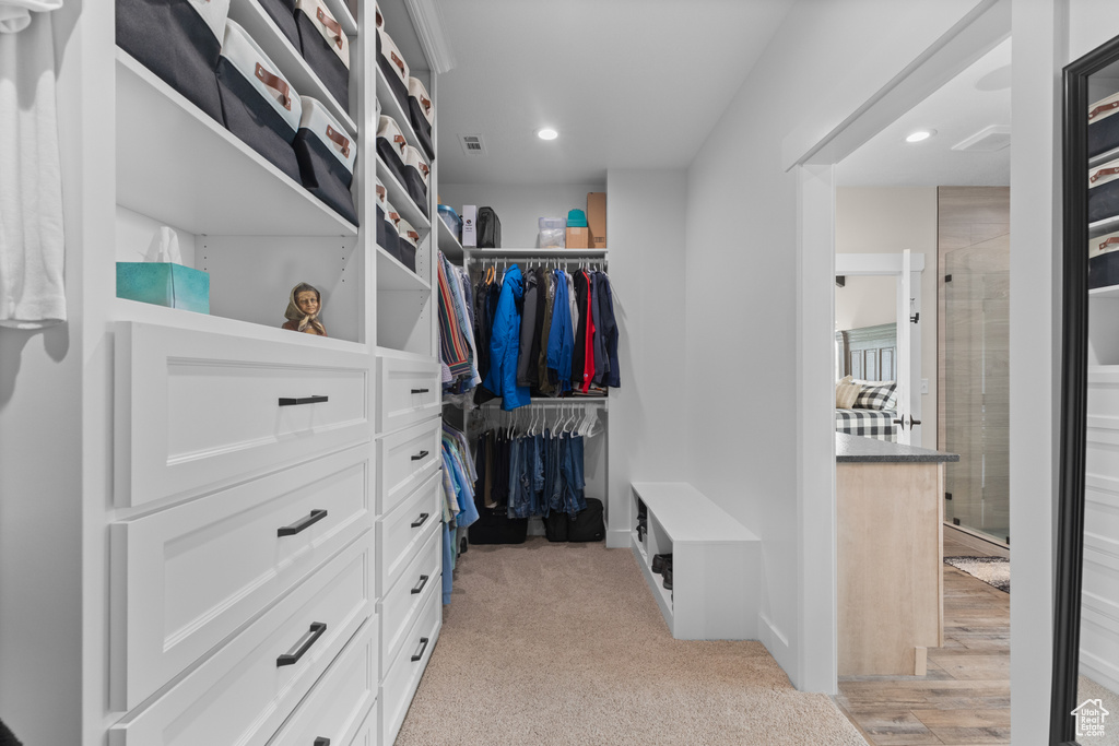 Spacious closet with light carpet