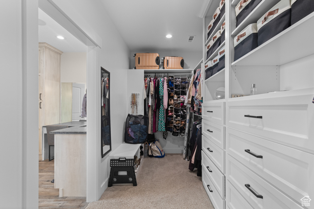 Walk in closet with light colored carpet
