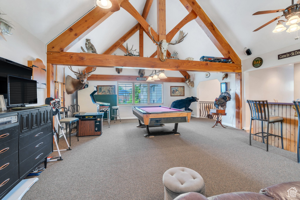 Game room featuring high vaulted ceiling, billiards, carpet floors, a ceiling fan, and beamed ceiling