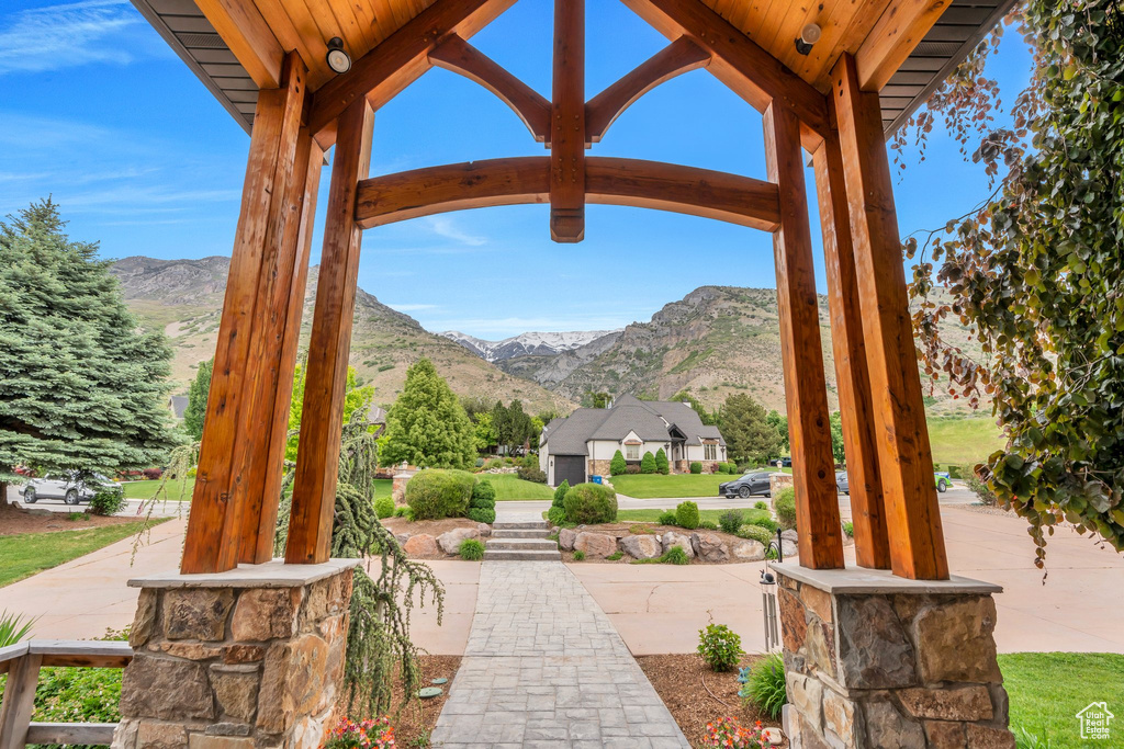 View of patio / terrace with a mountain view