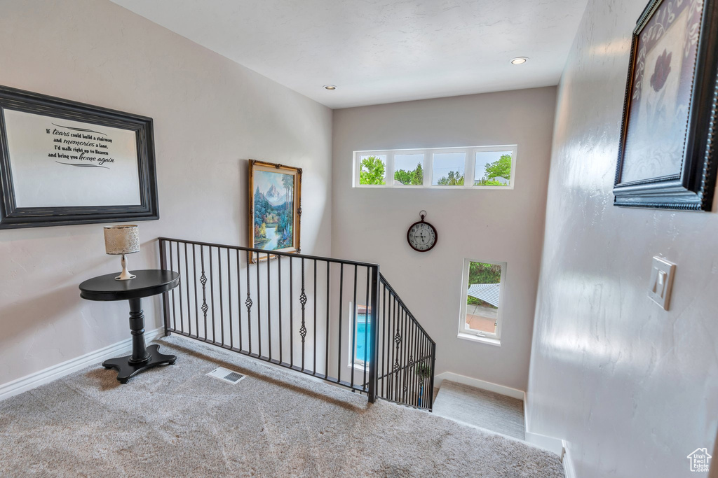 Stairway featuring carpet flooring and baseboards
