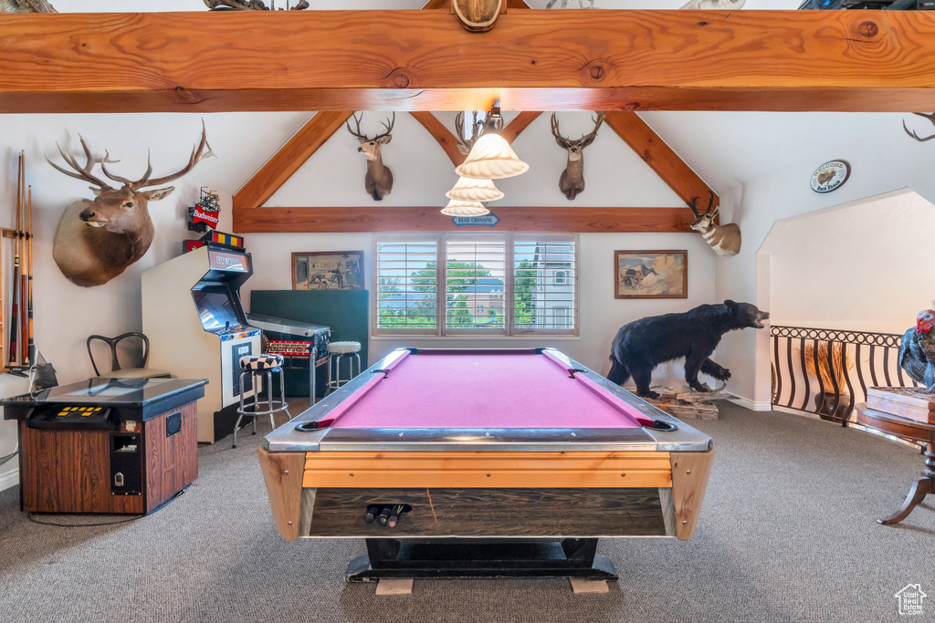 Recreation room with carpet and pool table