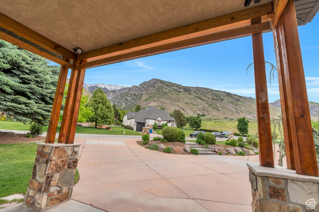 View of patio with a mountain view