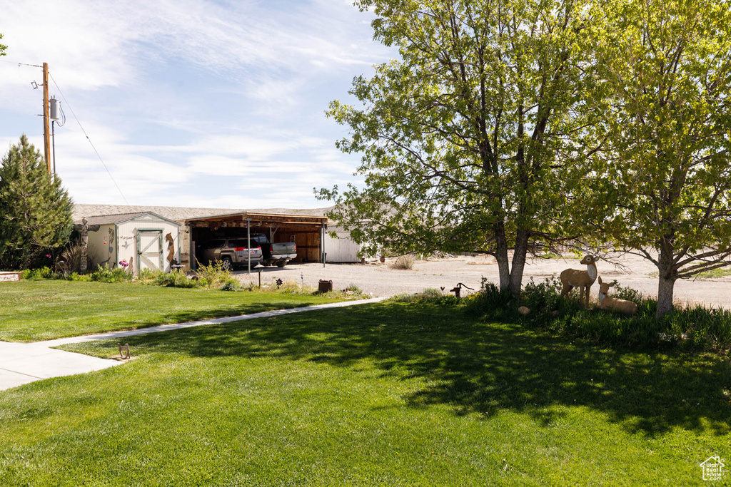 View of green lawn with a pole building, an outdoor structure, and a carport