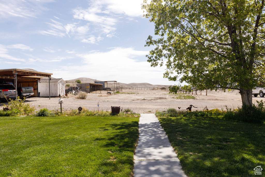View of grassy yard with an outdoor structure and a carport