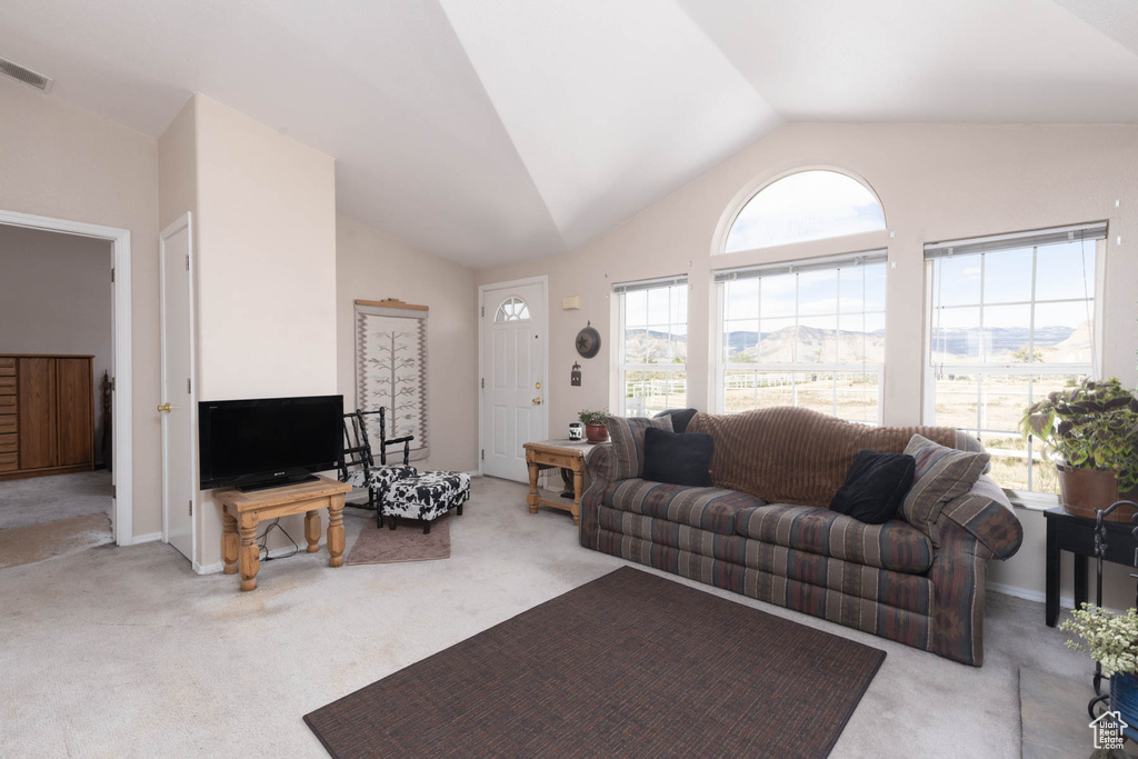 Carpeted living area with vaulted ceiling