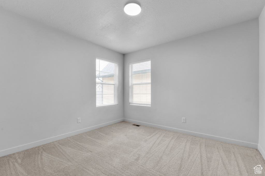 Spare room with baseboards, carpet floors, and a textured ceiling