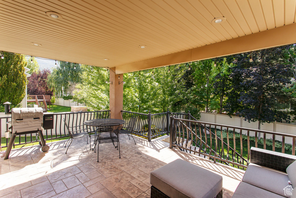 View of patio featuring outdoor dining space and a fenced backyard