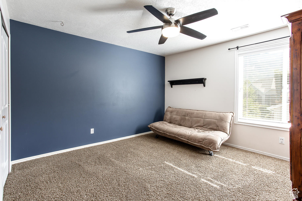 Sitting room with carpet, ceiling fan, baseboards, and a textured ceiling