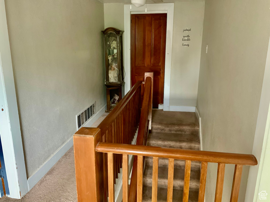 Stairs featuring carpet and baseboards