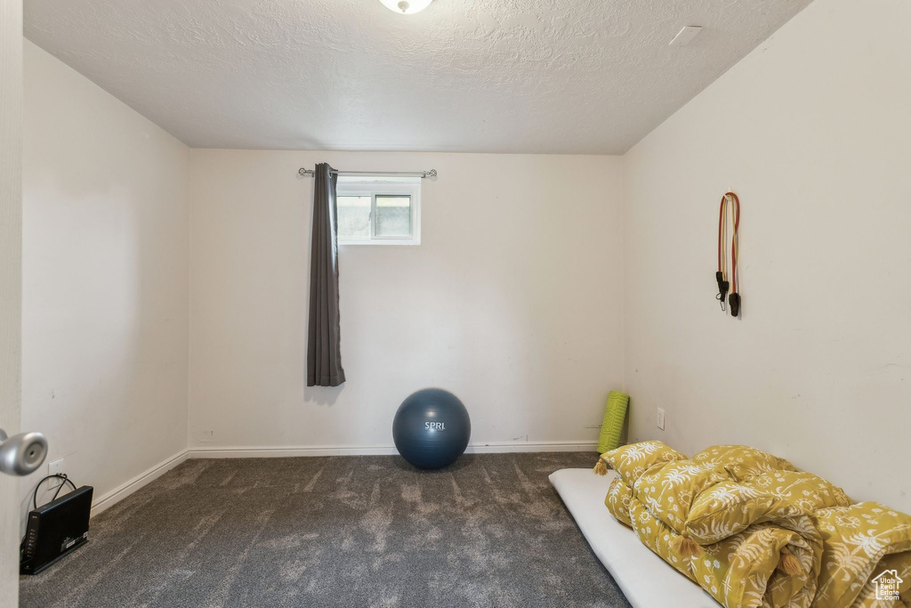 Exercise room featuring carpet floors, a textured ceiling, and baseboards