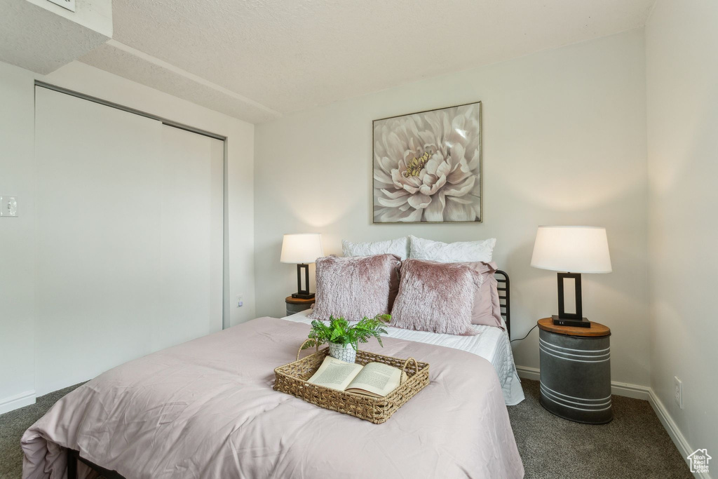 Bedroom with carpet floors, baseboards, and a closet
