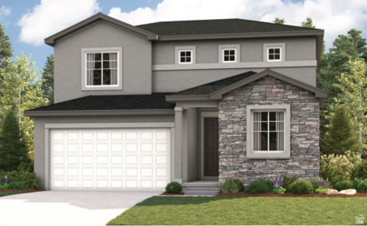 View of front of property with stone siding, stucco siding, a garage, and driveway