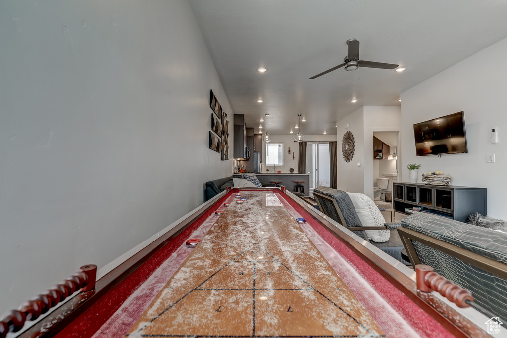 Living area featuring a ceiling fan, billiards table, and recessed lighting