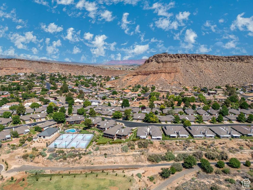 Aerial perspective of suburban area with mountains