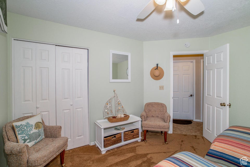 Carpeted bedroom featuring a closet and a ceiling fan