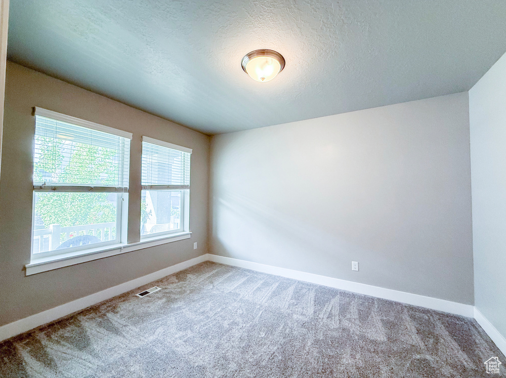 Unfurnished room featuring carpet, baseboards, and a textured ceiling