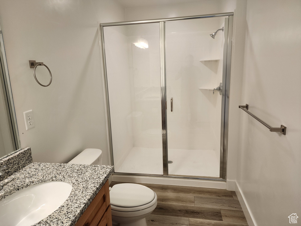 Bathroom featuring a shower stall, toilet, wood finished floors, and vanity
