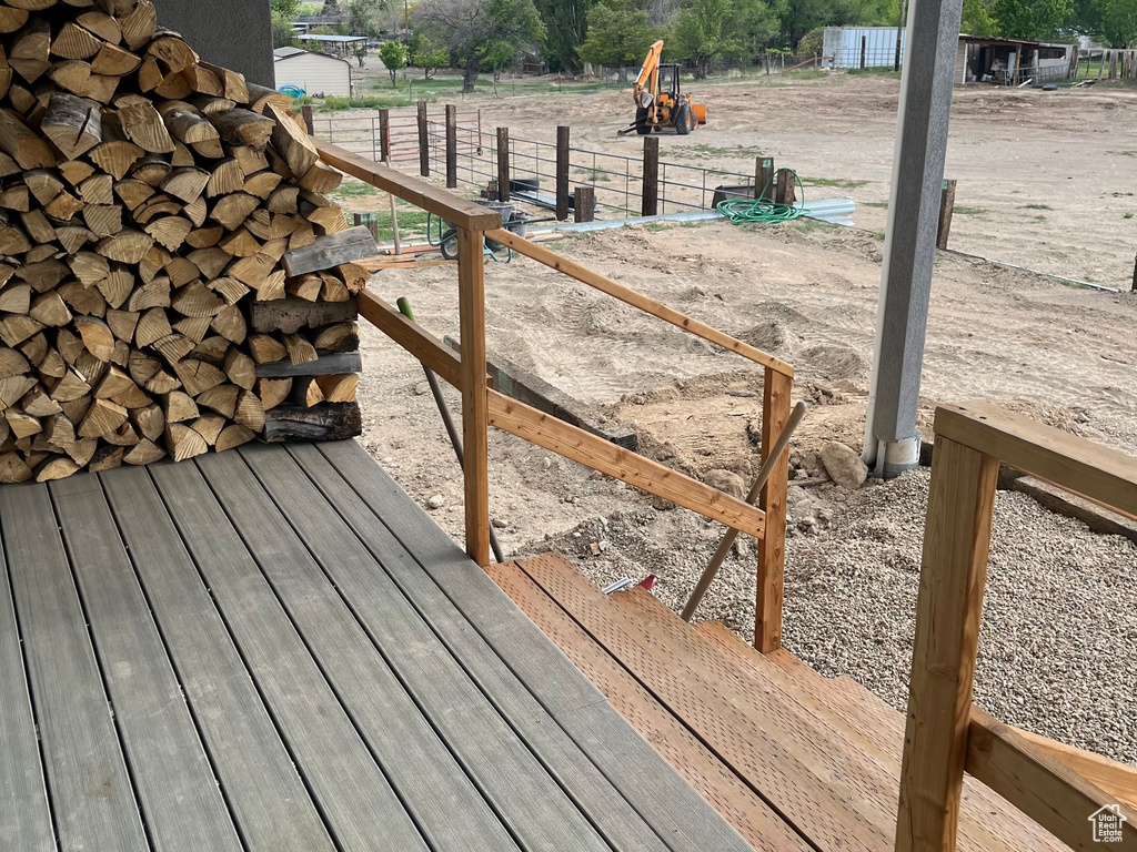 Wooden terrace featuring fence