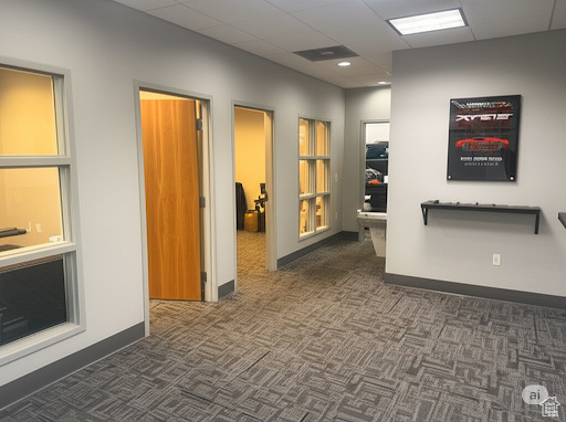 Corridor featuring carpet flooring, baseboards, and a drop ceiling