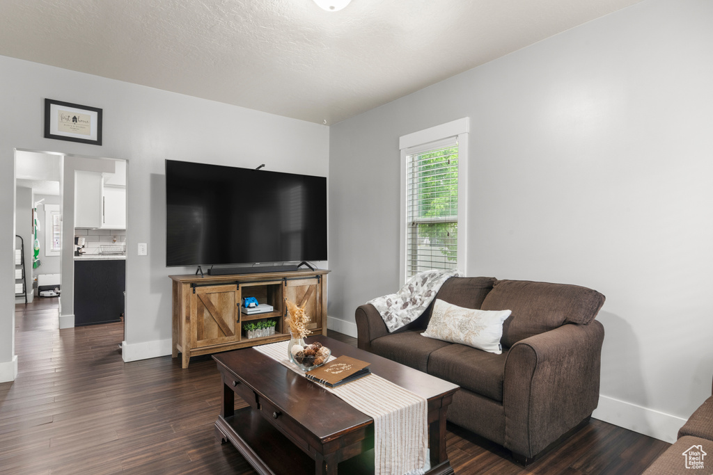 Living room with dark wood-type flooring and baseboards