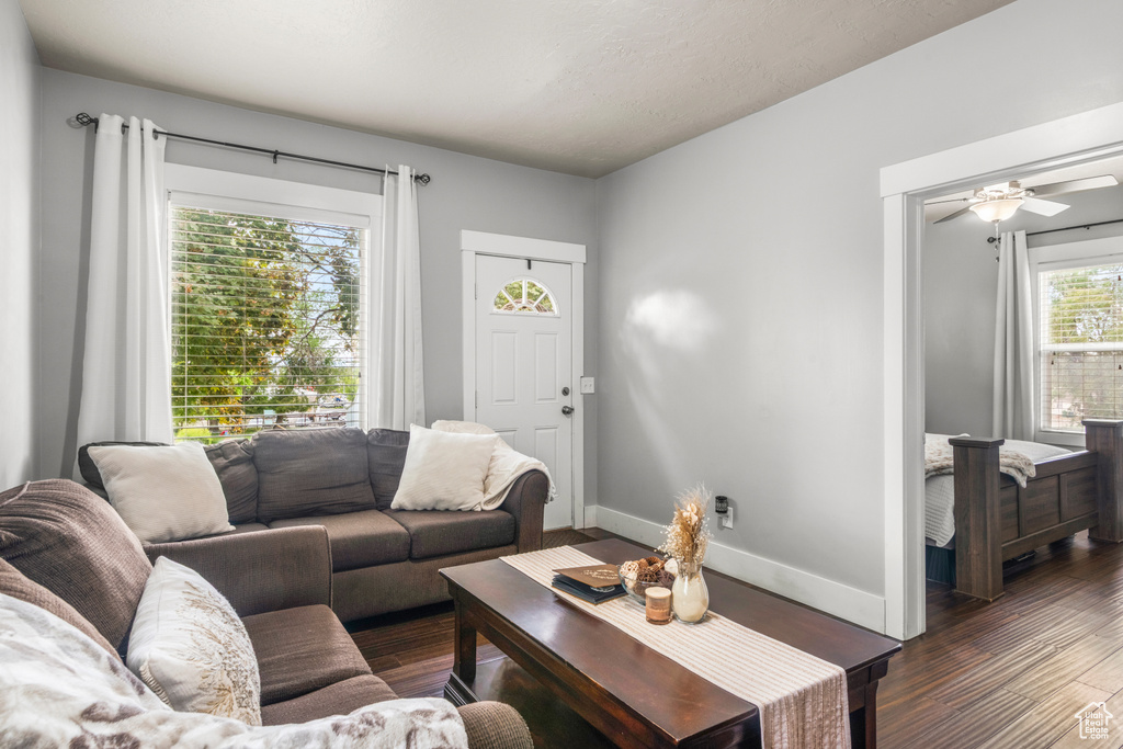 Living area featuring dark wood-style flooring and baseboards