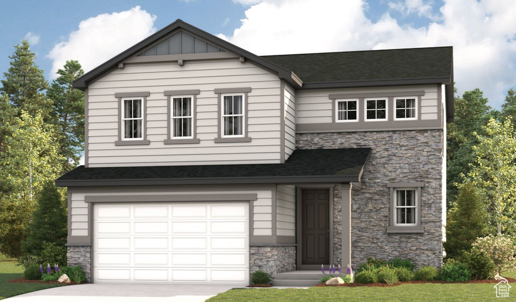 View of front of home featuring stone siding, driveway, a garage, and a front yard