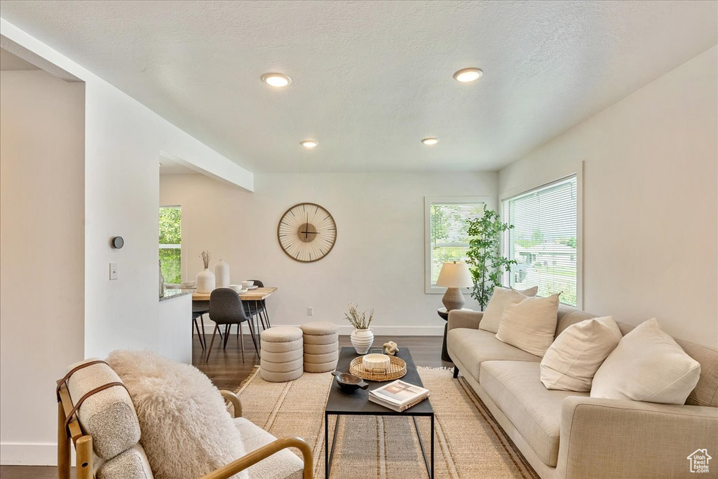 Living area with wood finished floors, baseboards, and recessed lighting