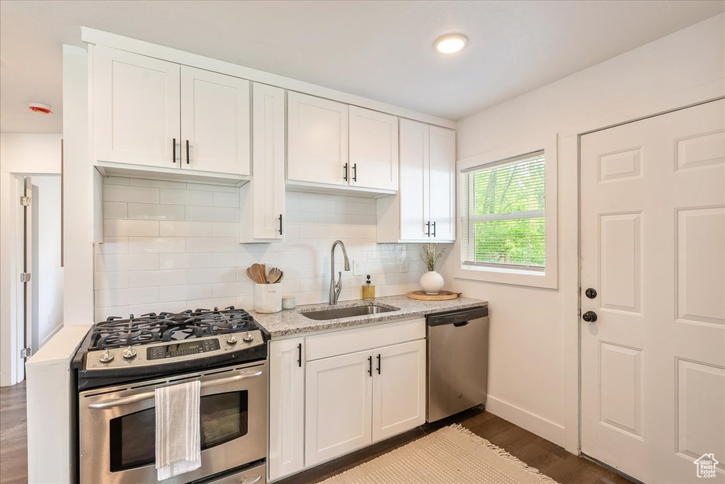 Kitchen featuring stainless steel appliances, a sink, backsplash, and dark wood-type flooring