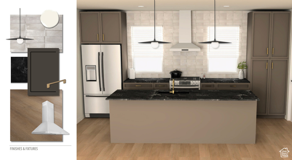 Kitchen featuring fridge with ice dispenser, wall chimney range hood, decorative backsplash, and dark stone counters