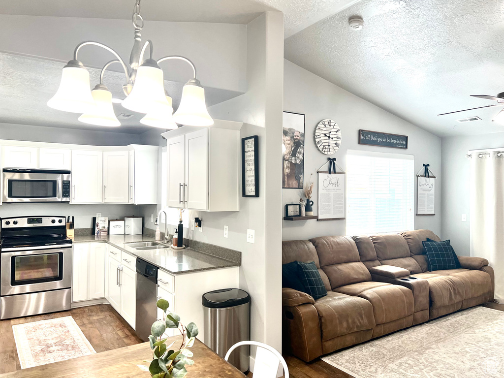 Kitchen with stainless steel appliances, a sink, open floor plan, vaulted ceiling, and wood finished floors