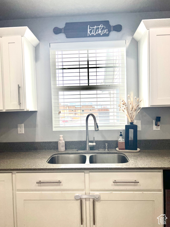 Kitchen featuring a sink and white cabinets