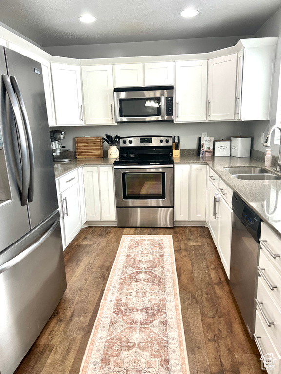 Kitchen with appliances with stainless steel finishes, a sink, dark wood-style flooring, recessed lighting, and white cabinetry