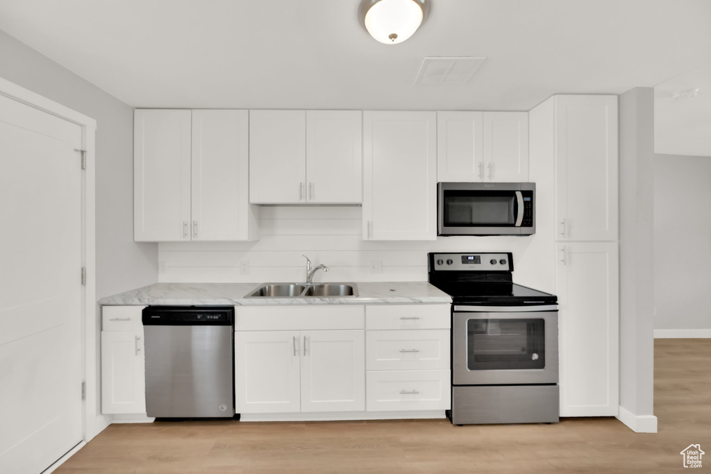 Kitchen with stainless steel appliances, a sink, white cabinets, light wood-style flooring, and baseboards