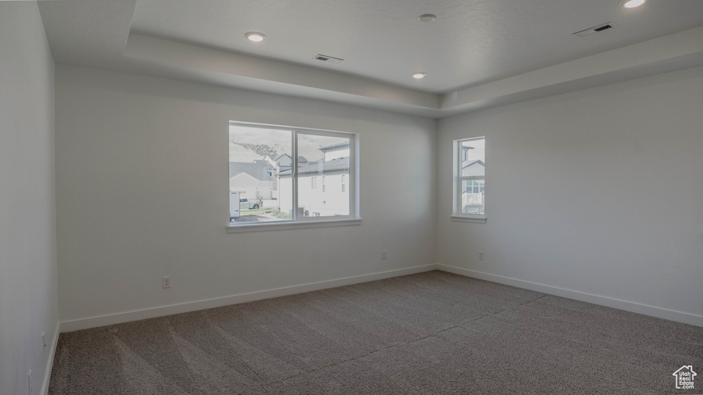 Spare room featuring a raised ceiling, carpet flooring, and recessed lighting