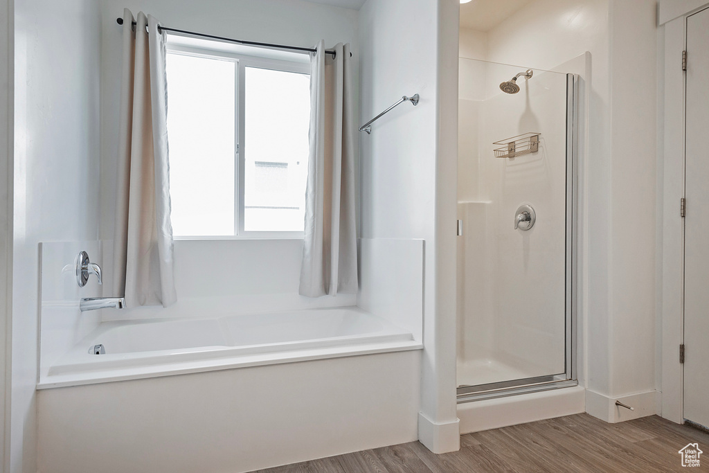Bathroom with wood finished floors, a healthy amount of sunlight, a washtub, and a shower stall
