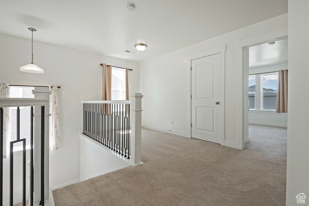 Hallway featuring carpet flooring, a wealth of natural light, an upstairs landing, and baseboards