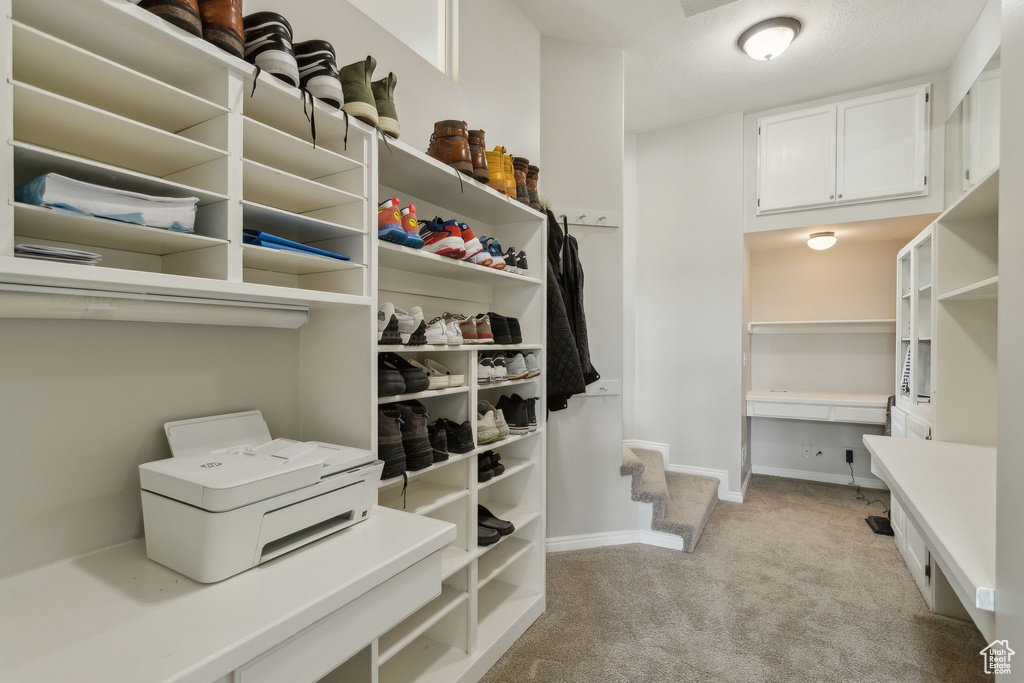 Walk in closet featuring light carpet