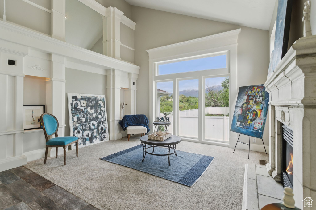 Living area featuring a premium fireplace and high vaulted ceiling