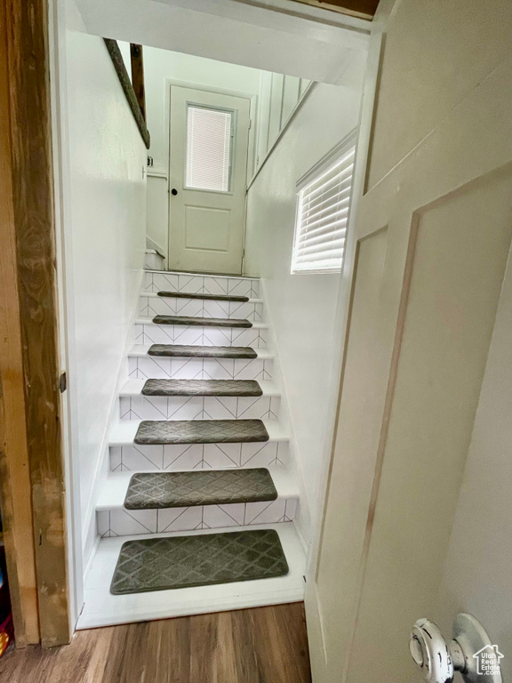 Stairway featuring wood finished floors