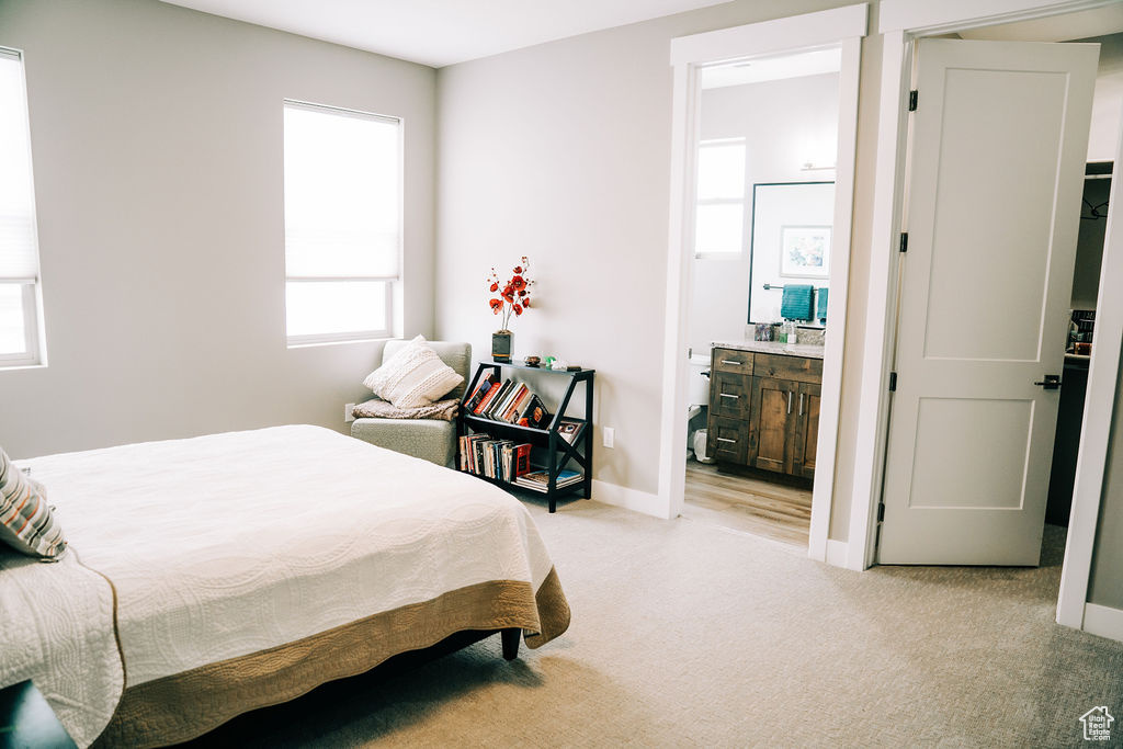 Carpeted bedroom with baseboards and ensuite bathroom