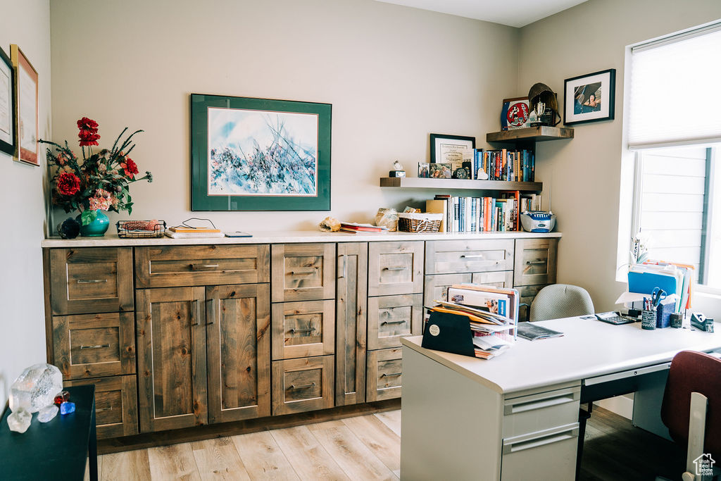 Office featuring light wood finished floors