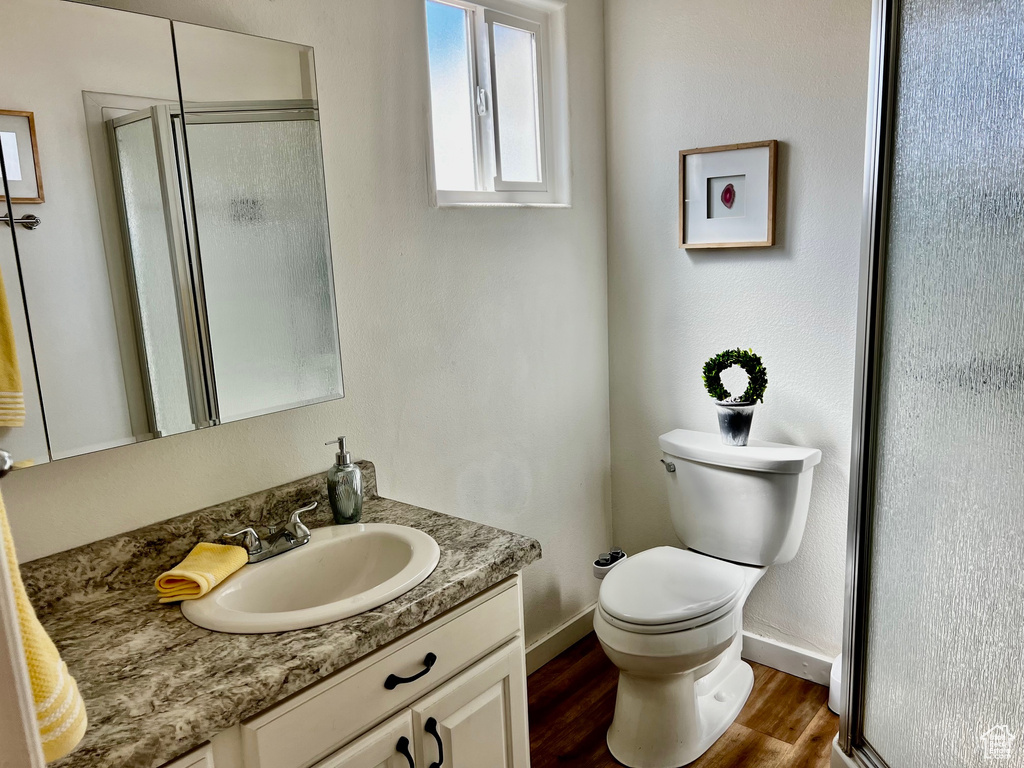 Full bath with baseboards, wood finished floors, toilet, vanity, and a shower stall