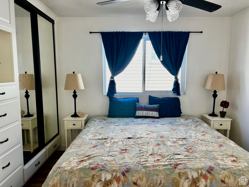 Bedroom with dark wood finished floors and a ceiling fan