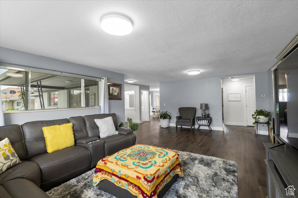 Living room with wood finished floors, a textured ceiling, and baseboards