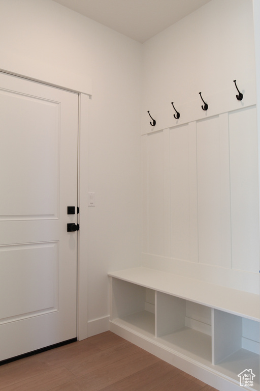 Mudroom with light wood-type flooring
