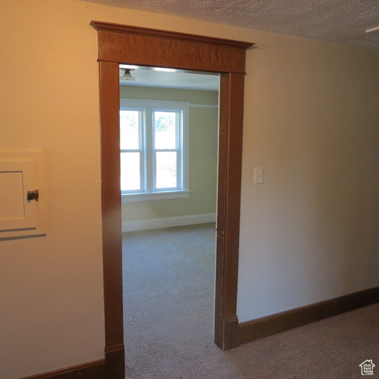 Corridor with carpet floors, baseboards, and a textured ceiling