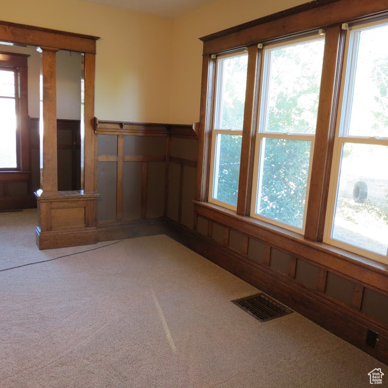 Carpeted empty room featuring a decorative wall, a wainscoted wall, and plenty of natural light